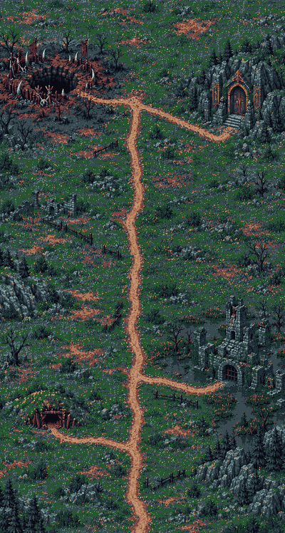 The map of the Hollowlands in Pactbound: a road through the wilds to the Goblin Warren, the Drowned Keep, the Sealed Vault and the Blight Pit