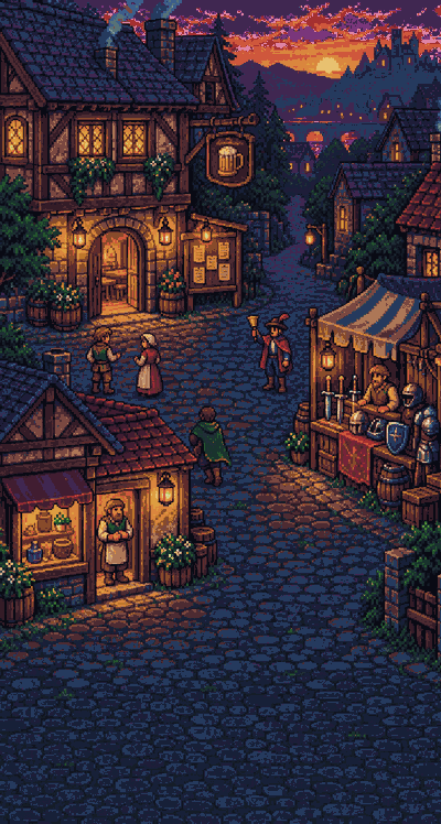 The town in Pactbound at dusk: the tavern, the bounty board and Garrick Pike's stall
