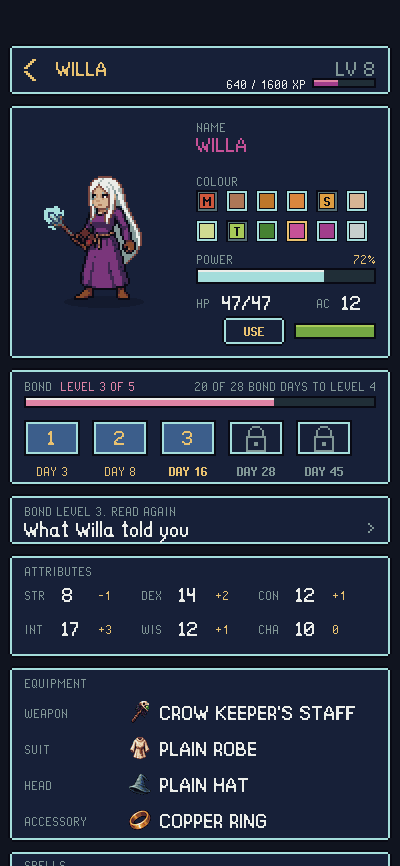 Willa's character screen in Pactbound, showing what she wears