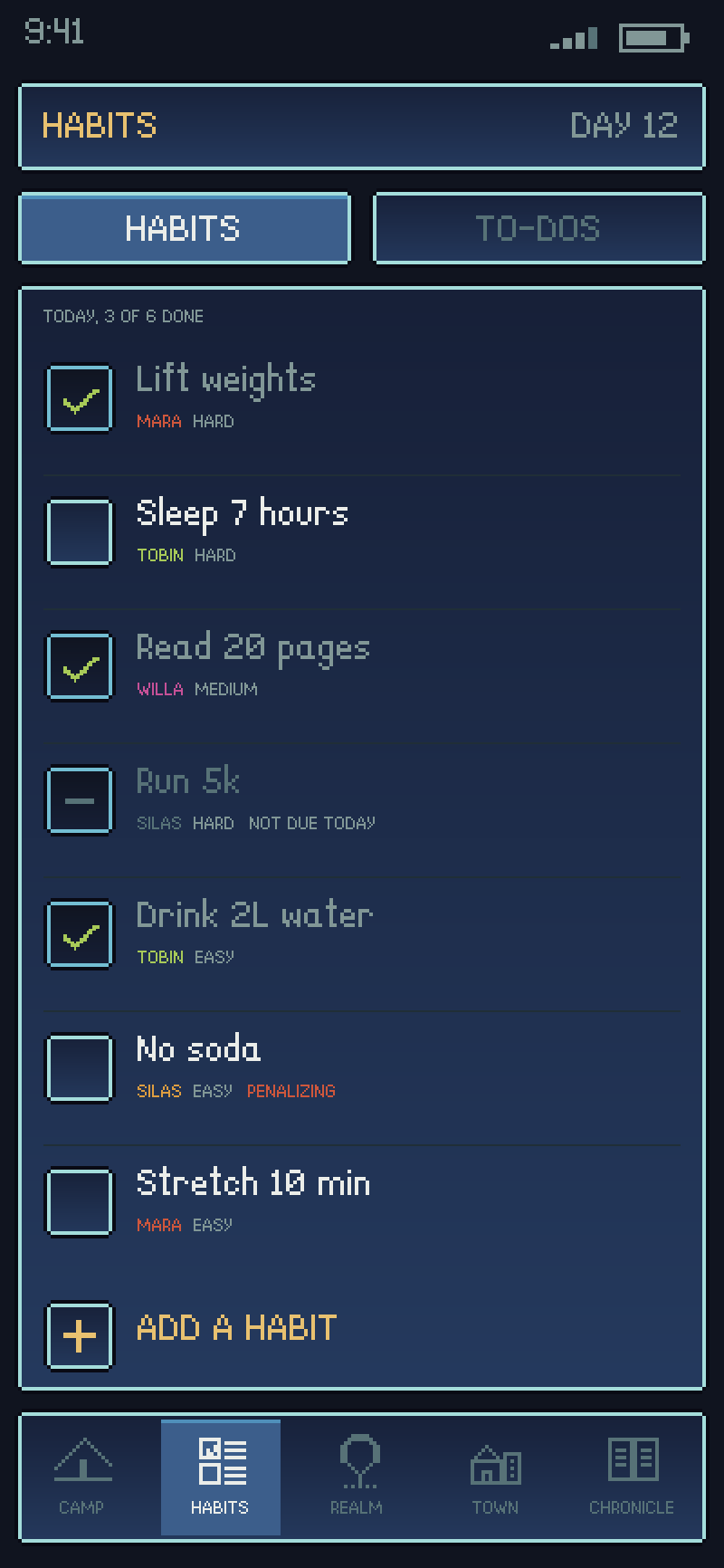 The habits screen in Pactbound